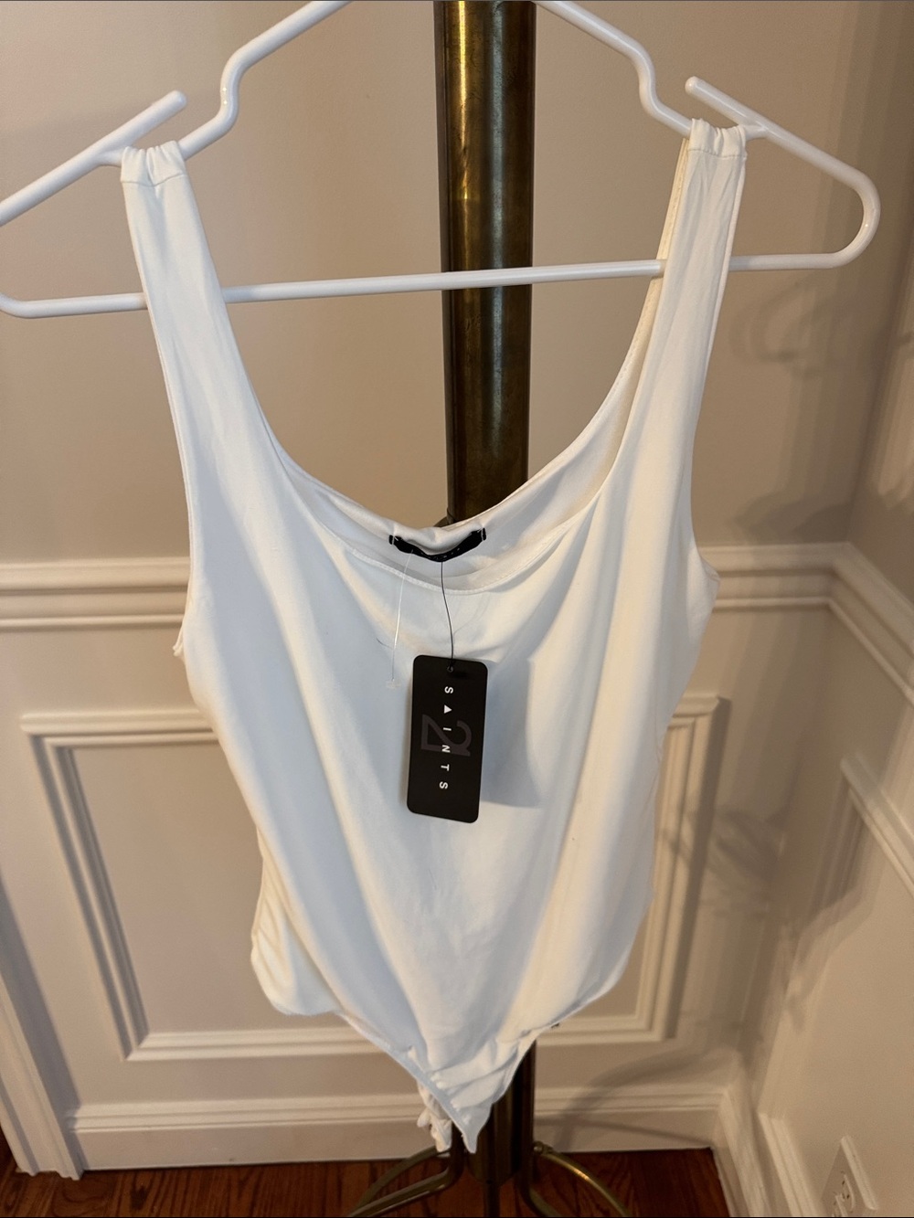 Savant White Scoop Neck Tie-Front Bodysuit